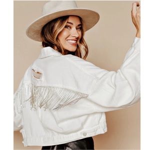 White Cropped Denim Jacket with Rhinestone Fringe